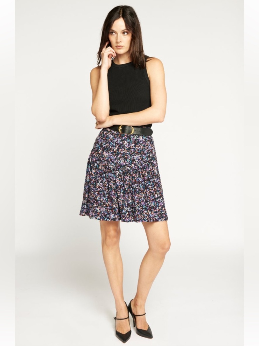 Joie NWT Luella Midi Skirt 2 Caviar Multi on Black w/ purple red white